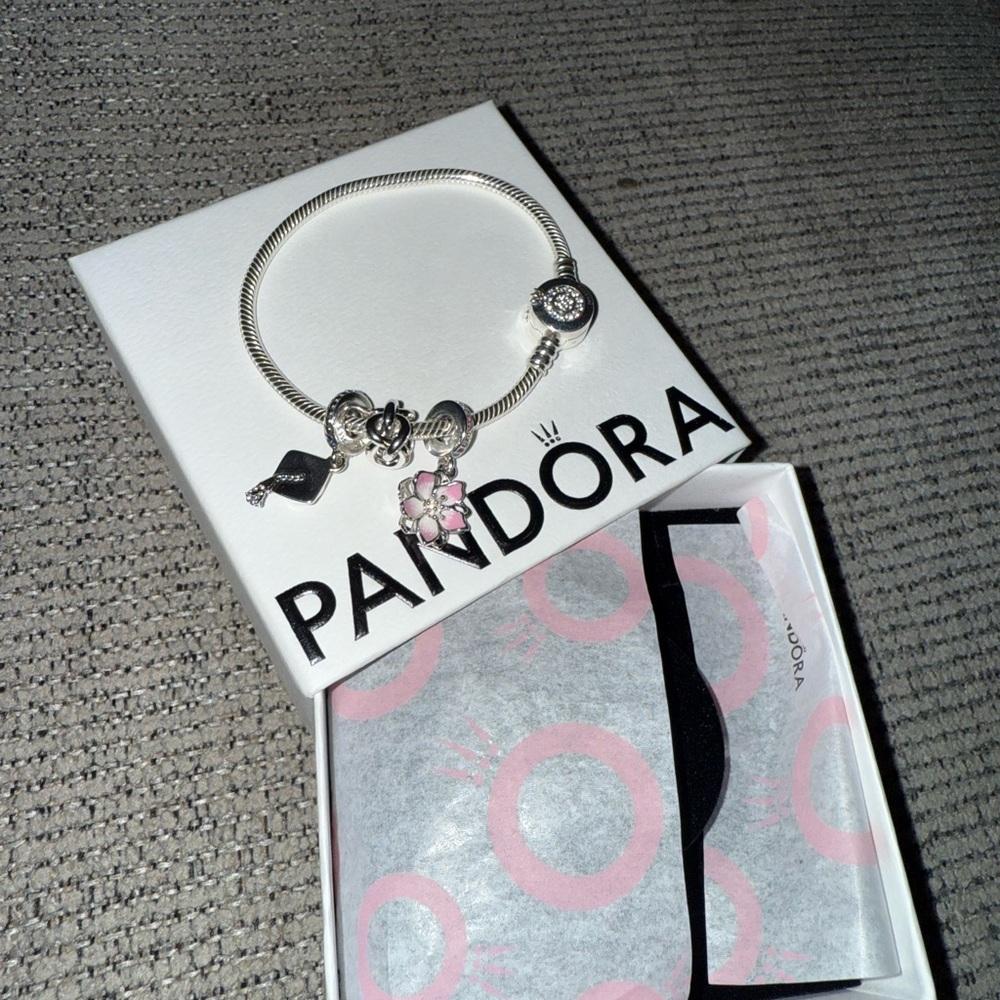 Pandora Silver Bracelet with Cherry Blossom Dangle Charm! - Picture 3 of 11